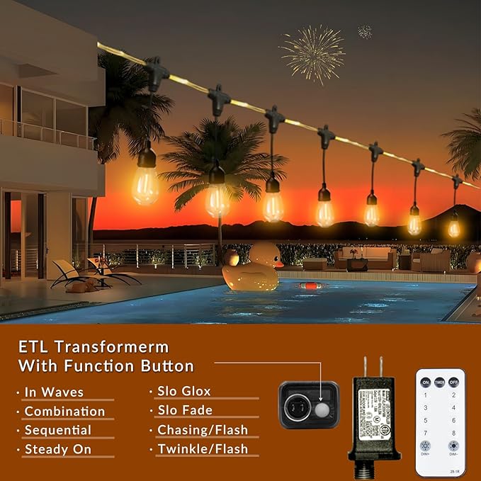 Outdoor String Lights 28.2 FT, Waterproof Dimmable LED Edison Bulbs with Remote, Rope-Style Durable Design | Lumora