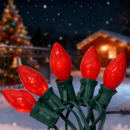 25Ft Red Chritsmas Lights Outdoor, C7 Vintage String Lights with 27 Red Baked Incandescent Bulbs, Hanging Patio Lights for Porch Roofline Christmas Tree Garden Pathway Indoor Decor