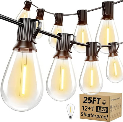 Outdoor String Lights, 25FT Patio Lights with 13 Shatterproof S11 Bulbs (1 Spare), IP65 Waterproof & Connectable, 2200K Warm White LED Hanging Lights for Cafe, Garden, Porch, Party Decor
