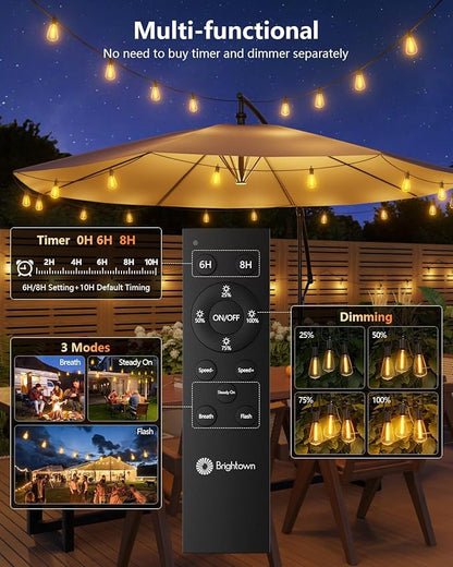Brightown 100FT Solar String Lights Outdoor Waterproof with Remote, 31+2 LED Shatterproof Bulbs, Dimmable & Timable, 3 Light Modes - Commercial Grade Patio Lights for Garden Backyard Party Decor