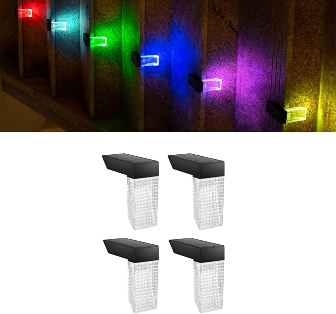 Solar Lights Outdoor 4 Pack: IP68 Waterproof Snow-Resistant for Stairs, Deck, Garden,Step,Wall,Fence, Railing,Pathway.Warm White & RGB Color Changing