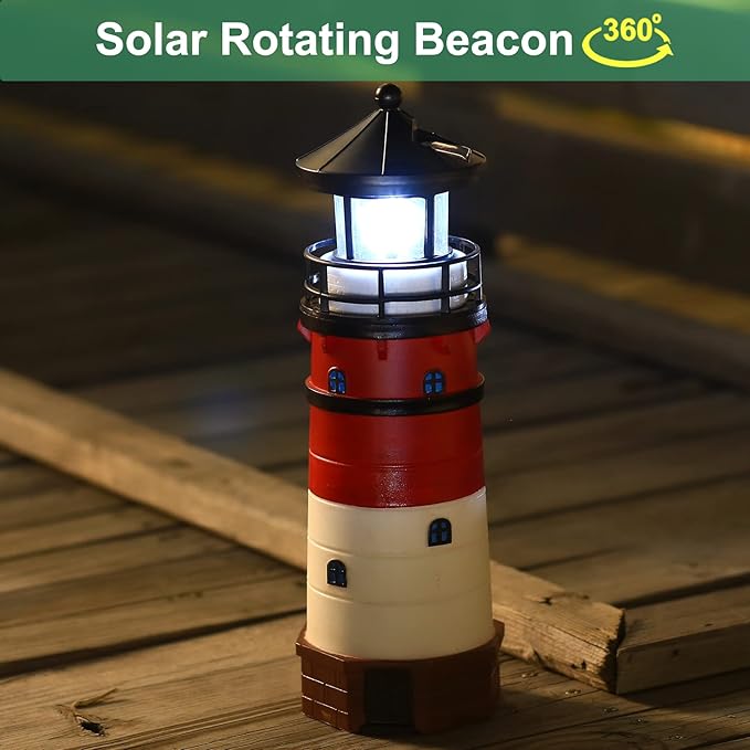 Lighthouse with Rotating Beacon LED Lights - Solar Lighthouse Lamp Outdoor Decorative for Garden Patio Well Cover Gifts(Classic Red)