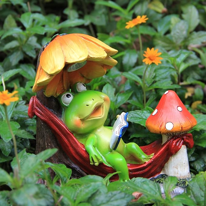 Leekung Solar Frog Garden Decor,Frog Statue with Solar Light for Outdoor Decorations,Reading Frog Figurine Garden | Lumora