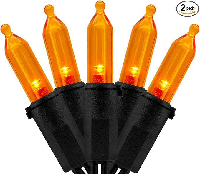 YULETIME 200 Orange LED Christmas Lights with Black Wire, Pack of 2 Strands 33 Feet 100 Lights UL Certified Holiday String Light Set