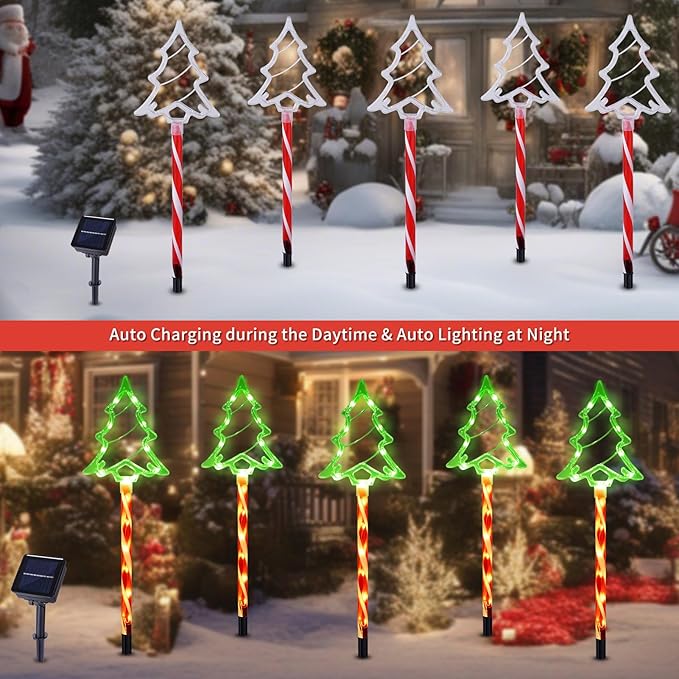 Christmas Solar Pathway Lights Outdoor Decorations, 8 Modes Xmas Tree Candy Lights Waterproof Led Garden Stake Light for Walkway Yard Lawn Porch Holiday Decor 5-Pack (Red Tube Tree, 5 Pack)
