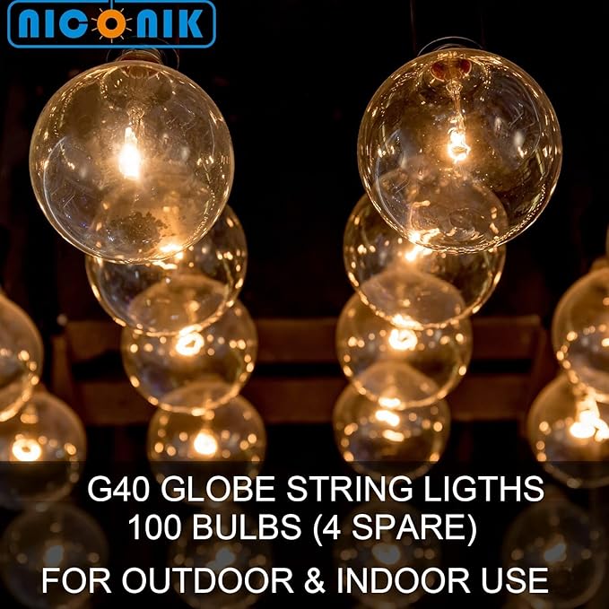 100FT G40 Outdoor String Lights with 100 Glass Edison Bulbs (4 Spare), 4W E12 Base Warm Yellow Globe Patio Lights | Lumora