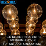100FT G40 Outdoor String Lights with 100 Glass Edison Bulbs (4 Spare), 4W E12 Base Warm Yellow Globe Patio Lights | Lumora
