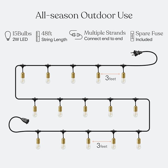 Brightech Glow LED String Lights - 48 Ft Commercial Grade Patio Lights with Beautiful Brass Accents - Outdoor Waterproof Globe Porch String Lights for Outside, Backyard, Gardens - 15 2W LED Bulbs