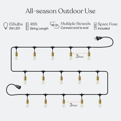 Brightech Glow LED String Lights - 48 Ft Commercial Grade Patio Lights with Beautiful Brass Accents - Outdoor Waterproof Globe Porch String Lights for Outside, Backyard, Gardens - 15 2W LED Bulbs