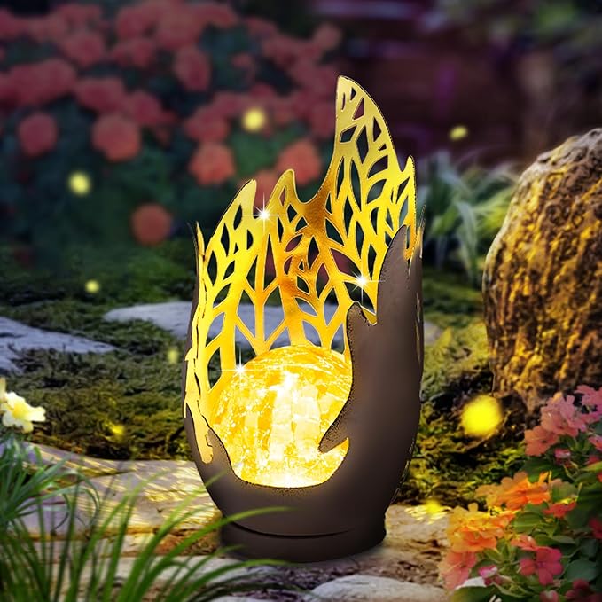 Huaxu Solar Lights Outdoor Decor Waterproof Metal Cracked Glass Globe with Copper Flame Effect, Table Decorations LED Lamp Gift for Garden Lovers Mom Women Patio Lawn Yard Pathway Outside