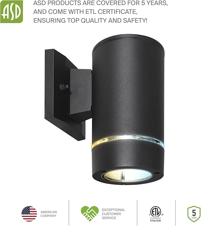 ASD 1 Light LED Indoor & Outdoor Wall Light Fixture | 9W 580LM 3000K-5000K 100-277V Cylinder Up Down Lights | Dimmable Waterproof Exterior Wall Sconce | Front Door, Porch, Patio | Ringed Black, ETL