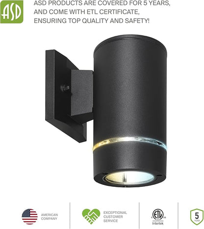 ASD 1 Light LED Indoor & Outdoor Wall Light Fixture | 9W 580LM 3000K-5000K 100-277V Cylinder Up Down Lights | Dimmable Exterior Wall Sconce | Front Door, Porch, Patio | Ringed Black, ETL 2 Pack