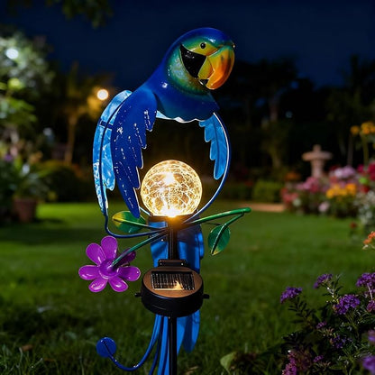 Solar Powered Parrot Garden Stake Light, Warm White LED Crackle Globe Light, Waterproof Metal & Glass Outdoor Decor for Yard, Pathway, Lawn, Patio, and Bird Lover Gift