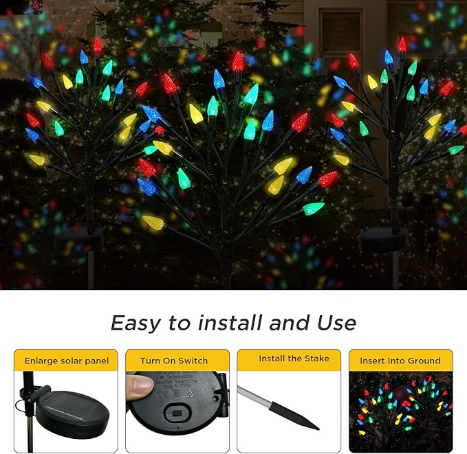Christmas Outside Decorations Solar Garden Lights Outdoor,2PACK 40LED Multicolor C6 Strawberry Path Decor with Xmas Party Gifts Decor,Solar Christmas Candy Lights for Home Holiday Decor