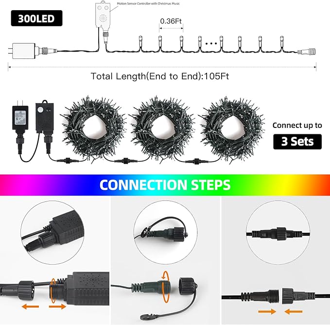 XTF2015 Music Christmas String Lights 105ft 300 LED，Multicolour Christmas Tree Lights with Music，End-to-End Plug in | Lumora
