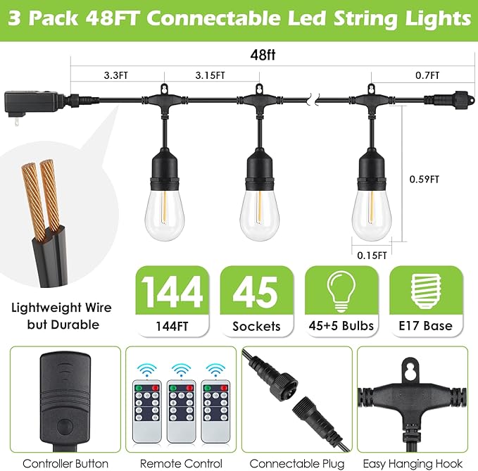144FT(3 * 48FT) Outdoor String Lights with Remote, Dimmable Patio Lights with 45+5 LED Bulbs 3 Modes 4 Timers for | Lumora