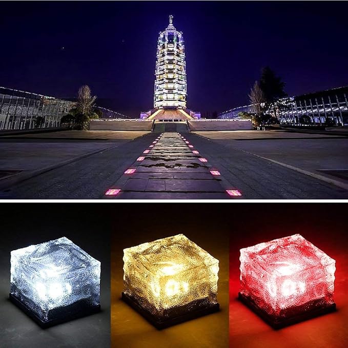 4 Pack Solar Path Ice Cube Lights Outdoor, Waterproof Glass LED Glass Clear Brick in-Groud Buried Festive Light Night Lamp for Garden Courtyard Pathway Patio Pool Pond Decoration(RGB)