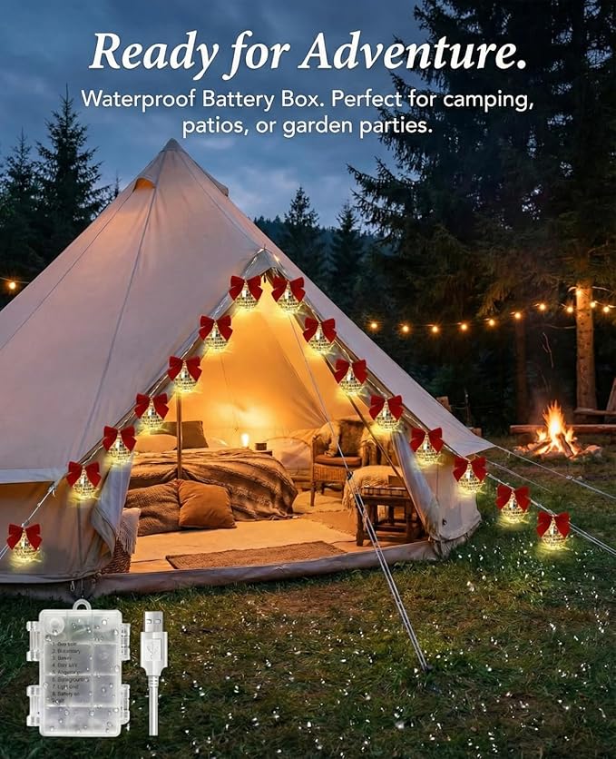 AceList Disco Ball String Lights with Removable Red Bows, 20 LED 1.6" Large Mirror Balls, 8 Modes Waterproof Battery Box/USB Fairy Lights for Christmas Tree, 70s Party, Bedroom, Outdoor Camping