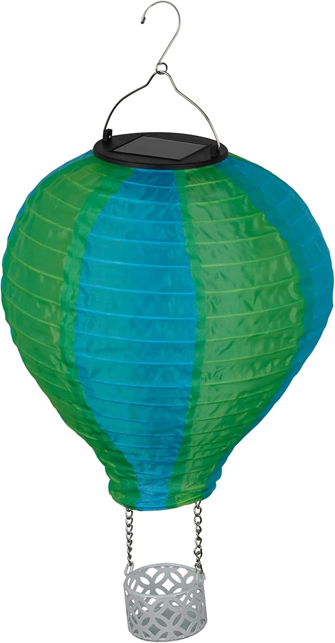 Alpine Corporation QLP1566SLR-YLBL Solar-Powered Cloth Hot Air Balloon with Flame LED Lights, LED Solar Décor, 13" H, Yellow