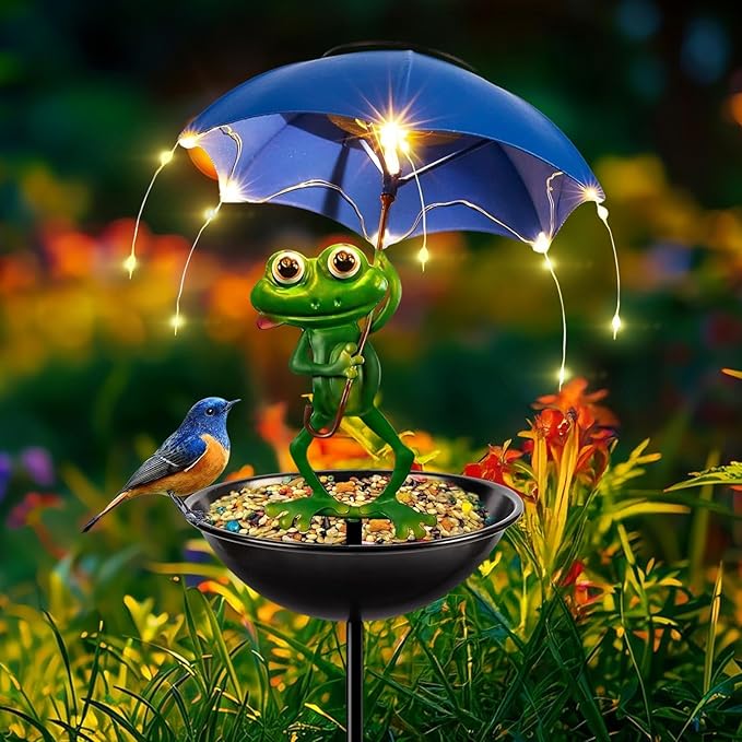Solar Bird Feeder Frog Garden Decor, Outdoor Solar-Lights Frog Figurine Lights with Umbrella, Hummingbird-Feeder Decorative Path Lights Gardening Gifts for Women, Yard Art Ornament Bird Feeder Blue