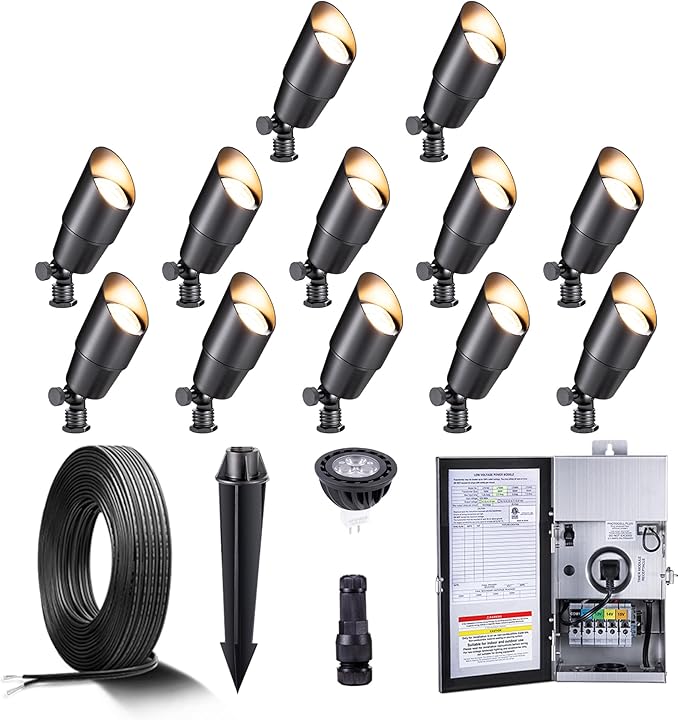 Gardenreet Black Solid Brass 12V LED Landscape Lighting Kit (12-Pack Spotlights) with 300W Low Voltage Transformer | Lumora