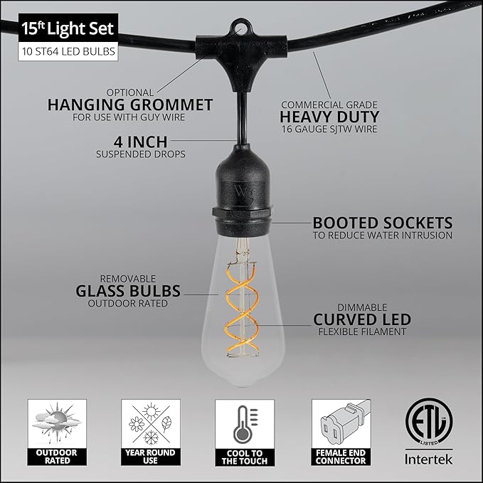 Wintergreen Lighting 15' FlexFilament LED ST64 Edison Patio Lights, Suspended Sockets, Commercial Grade LED Patio Lights, 10 LED Filament Bulbs, 18" Spacing Outdoor Patio Lights