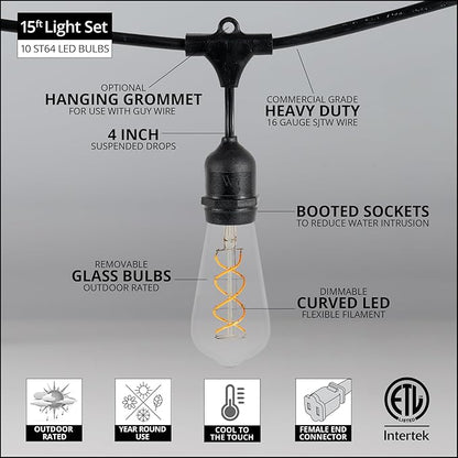 Wintergreen Lighting 15' FlexFilament LED ST64 Edison Patio Lights, Suspended Sockets, Commercial Grade LED Patio Lights, 10 LED Filament Bulbs, 18" Spacing Outdoor Patio Lights