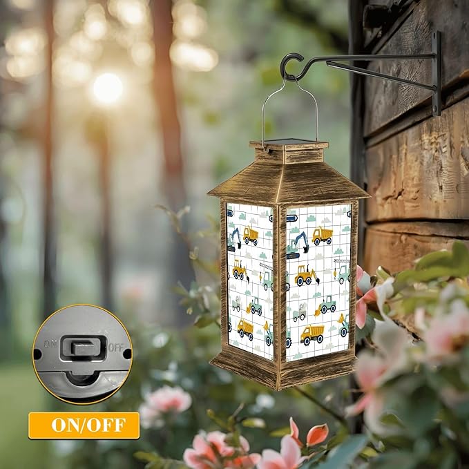 Solar Lantern Outdoor Waterproof Hand Drawn Cute Cars Truck Tractor Cargo Crane Bulldozer Excavator Garden Decor LED Solar Lights Hanging/Tabletop Lamp Gifts for Women Mom for Outside Yard Patio