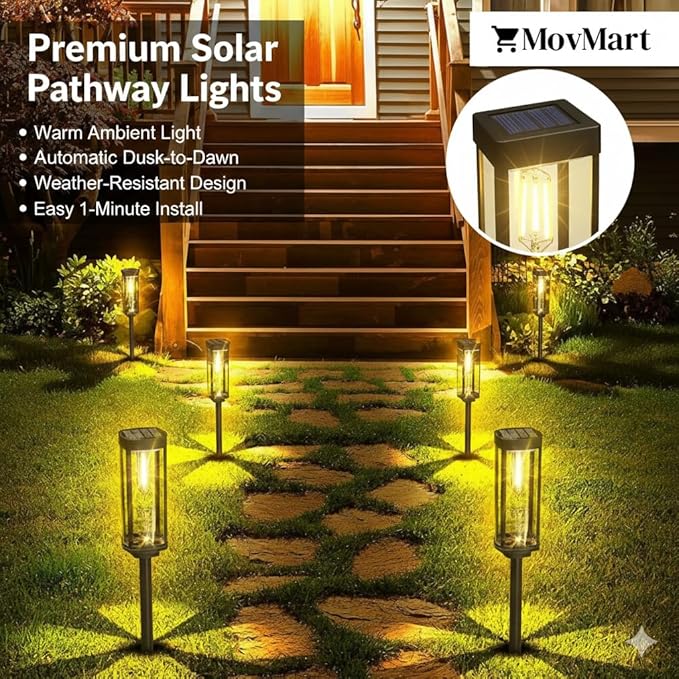 Solar Pathway Lights Outdoor, 4 Pack Solar Powered Garden Lights Waterproof IP65, Auto On/Off Outdoor Light for Lawn Patio Walkway Driveway Decor Landscape Lighting
