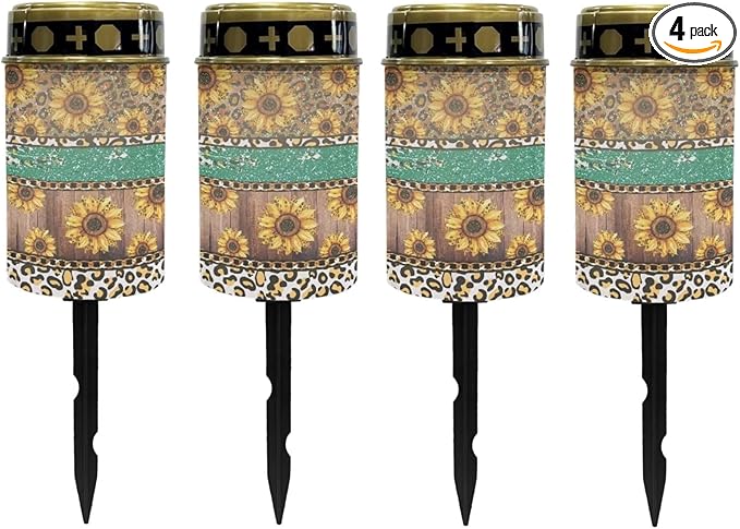Poceacles Solar Lights Outdoor Waterproof Cemetery Lights Solar Powered Grave Solar Lantern Outdoor Waterproof Walkway Lights for Lawn Garden Pathway, Leopard Print Sunflower Shiny Green, Pack of 4