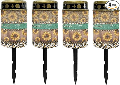 Poceacles Solar Lights Outdoor Waterproof Cemetery Lights Solar Powered Grave Solar Lantern Outdoor Waterproof Walkway Lights for Lawn Garden Pathway, Leopard Print Sunflower Shiny Green, Pack of 4