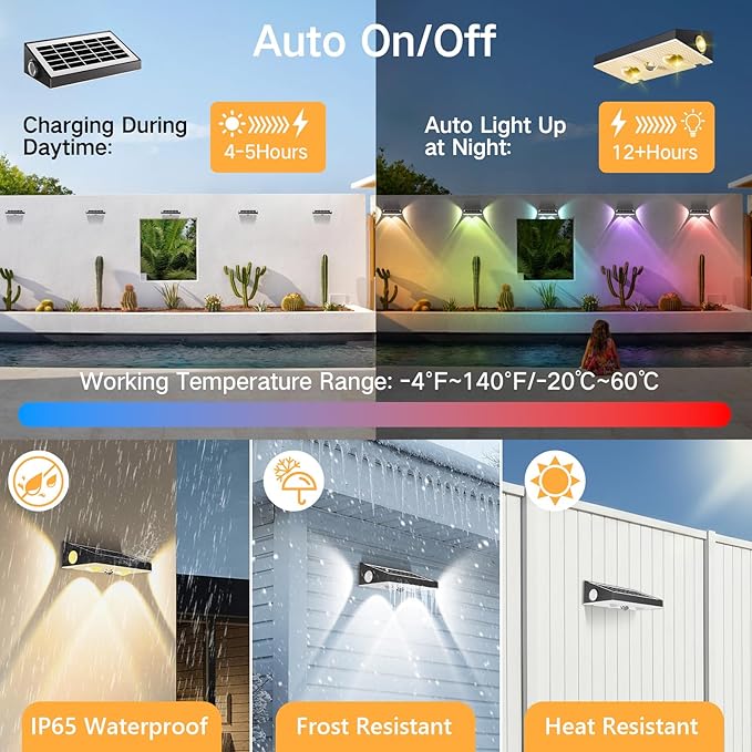 OUTON Solar Fence Lights Outdoor 8 Pack, 10 RGBCW Lighting Modes LED Deck Lights, 3-Way 50LM Dusk to Dawn Solar Powered Wall Light, IP65 Waterproof Step Light for Fence Garden Backyard Gutter Patio