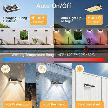 OUTON Solar Fence Lights Outdoor 8 Pack, 10 RGBCW Lighting Modes LED Deck Lights, 3-Way 50LM Dusk to Dawn Solar Powered Wall Light, IP65 Waterproof Step Light for Fence Garden Backyard Gutter Patio