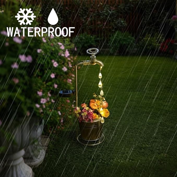 Solar Water Faucet Bucket Lights Outdoor Garden Decor, Waterproof Vintage Decorations with LED Light for Yard Lawn Patio Pathway