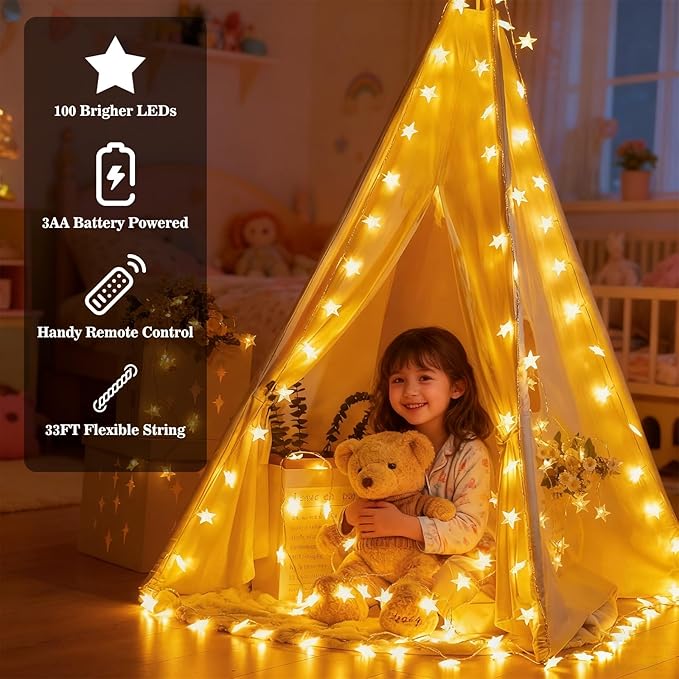 Star String Lights, 33ft 100 LED 8 Modes Star Fairy Lights Battery Operated Waterproof Indoor Outdoor for Bedroom Patio Party Wedding Tent Loft Bed Xmas Tree Decor, Warm White