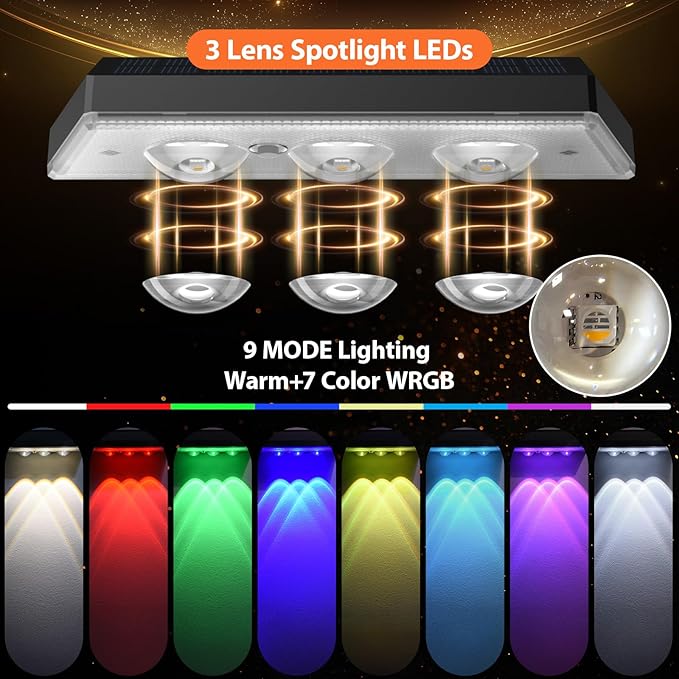 Solar Fence Lights Outdoor for Christmas Decorations, LED Deck Light Solar Powered for Outside Yard/Railing/Pathway/Patio/Step, IP65 Waterproof, 3 Lamp Beads, 8 RGB Colors, Auto ON/Off (8Pack)