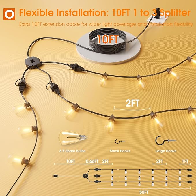 addlon 50FT Solar String Lights with 1-to-3 Extension Cord String Lights - 160FT Total (3x50FT String Lights + 10FT Splitter)