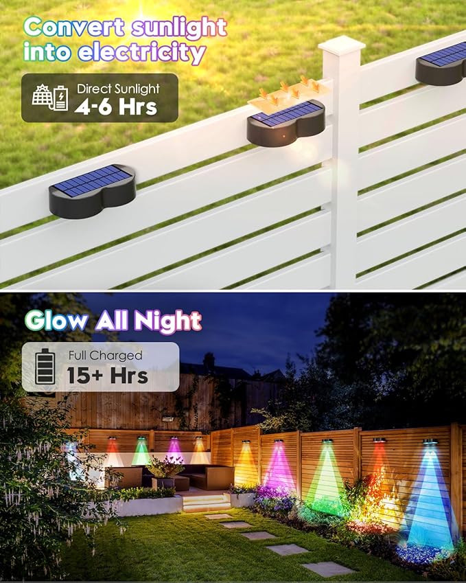 Upgraded Solar Fence Lights Outdoor 8 Pack with Spot Lensed, Warm White, Cold White & RGB 8 Fixed Colors Bright Fence Lights, Waterproof Color Glow Lights for Fence Wall Step Deck Railing Patio