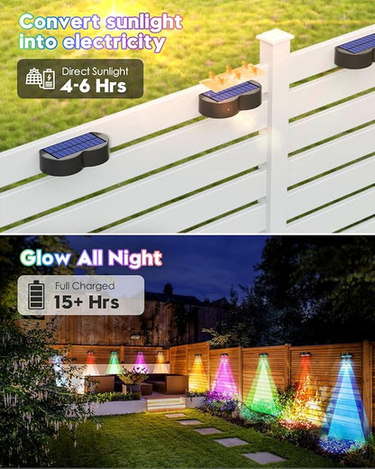 Upgraded Solar Fence Lights Outdoor 8 Pack with Spot Lensed, Warm White, Cold White & RGB 8 Fixed Colors Bright Fence Lights, Waterproof Color Glow Lights for Fence Wall Step Deck Railing Patio