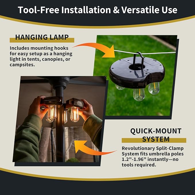 Patio Umbrella Light with Remote Control, Rechargeable Cordless LED Edison Bulbs Pole Light with 10 Brightness | Lumora