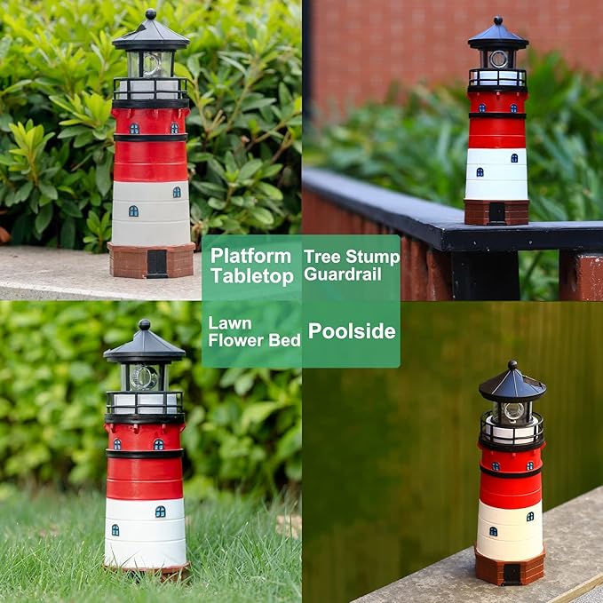 Lighthouse with Rotating Beacon LED Lights - Solar Lighthouse Lamp Outdoor Decorative for Garden Patio Well Cover Gifts(Classic Red)