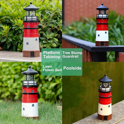 Lighthouse with Rotating Beacon LED Lights - Solar Lighthouse Lamp Outdoor Decorative for Garden Patio Well Cover Gifts(Classic Red)