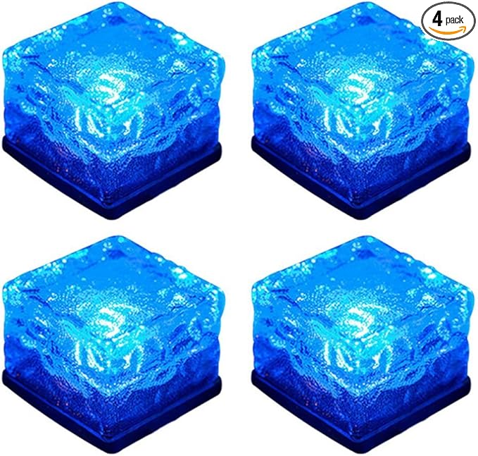 Solar Glass Brick Lights, Ice Cube Lights Solar Landscape Light Buried LED Frost Glass Path Lights for Garden, Outdoor Decoration Waterproof 4-Pack (Blue)