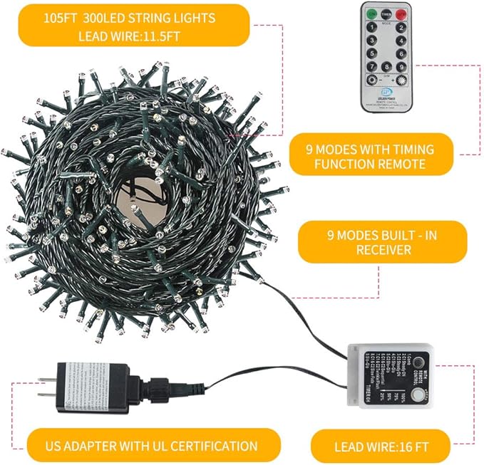 Chuya 300LED Dual Color Changing Christmas Tree Lights,Warm White to Multi Color,End-to-End Plug 9 Modes,105ft Outdoor Indoor String Lights for Christmas Holidays Party Wedding Decoration (Pack of 2)