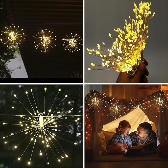 Remote Firework Led Copper Wire Starburst Lights, 4 Connection Total 480 LED Fairy Twinkle String Lights, 8 Modes With Remote Control, Dimming, Timer (Warm White)