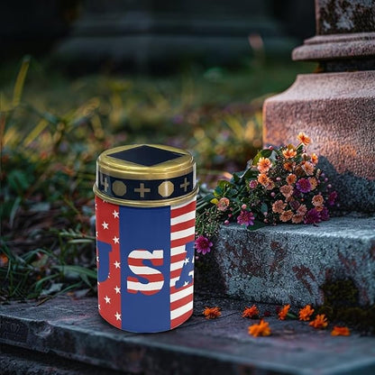 USA Flag Garden Decor Solar Light Outdoor Stake Patio Yard Lawn Porch Pathway Grave Solar Lights for Cemetery Christmas Halloween Outside Waterproof Decorations
