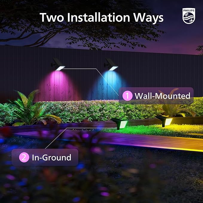 Philips 4 Packs Solar RGBW Spot Lights Outdoor, 18 LED Solar Powered Landscape Lights, 9 Lighting Modes | Lumora