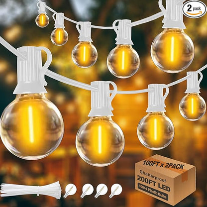 200FT(100ft*2) White G40 Globe String Lights for Outside Waterproof Patio String Lights, 100+4 Spare Replaceable 2200K Warm Bulbs for Outdoor Patio Pergola Gazebo Wedding Tent, Connectable White Wire