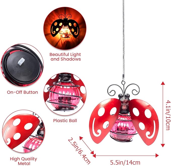 Solar Hanging Ladybug Lights LED Waterproof Powered Outdoor Garden Decor Light Unique Decorations for Sister Birthday Gardening Gifts for Mom Women Yard Path Front Porch Balcony Backyard