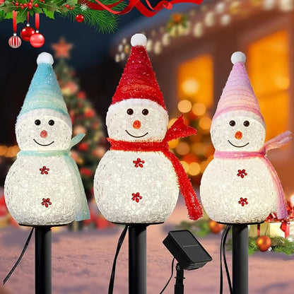 Homemory 3 Pack Solar Christmas Snowman Pathway Lights Outdoor Decor, Waterproof Lights Stakes for Winter Yard, Patio, Backyard, Porch, Lawn (Multicolor)